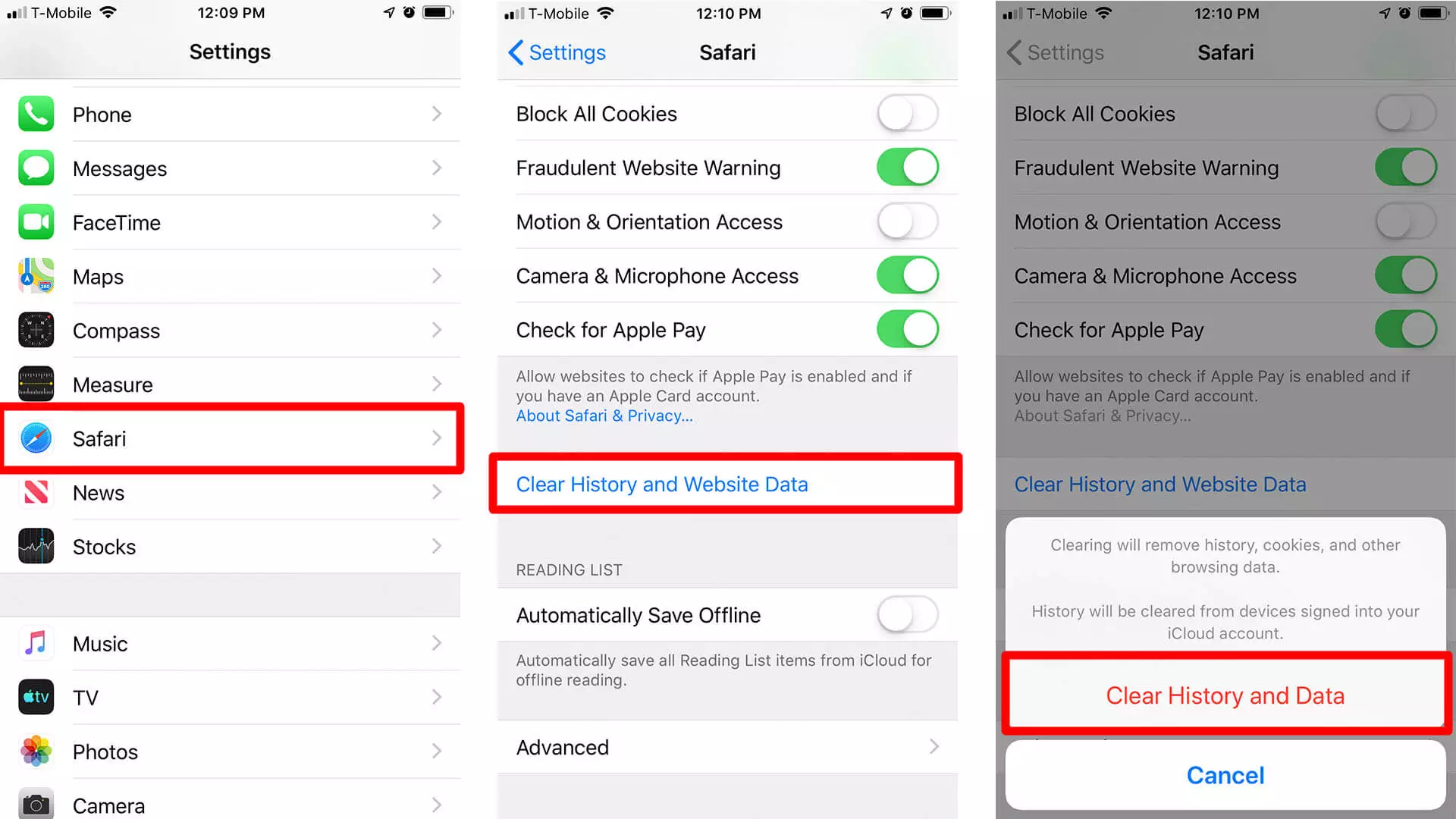clear history and data on iphone