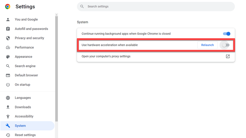 turn off hardware acceleration in browser
