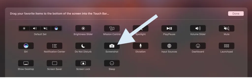 přidat snímek obrazovky na Touch Bar