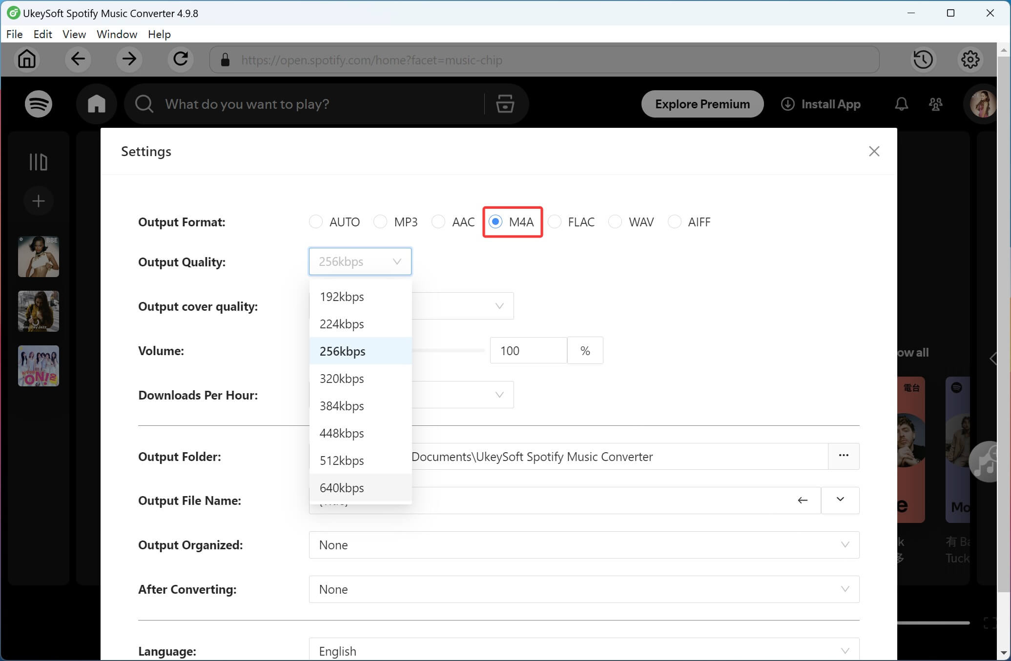 set m4a as output format