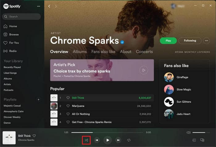 fix Spotify playlist search not working - disable shuffle mode in desktop