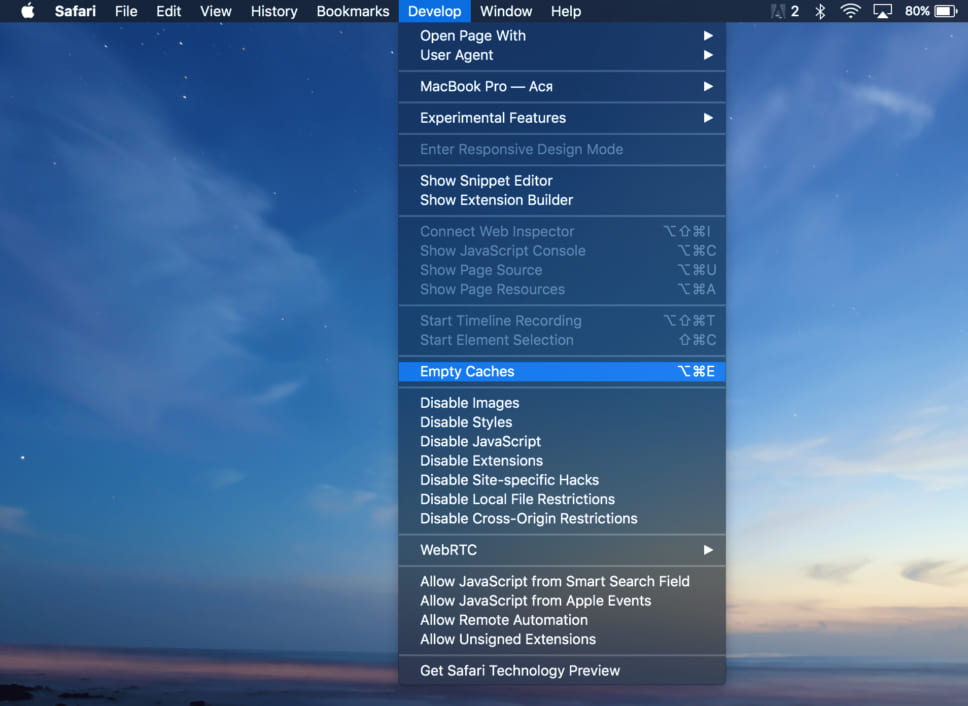 Empty Caches menu Safari