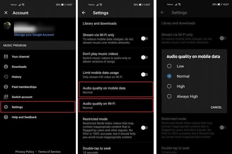 change youtube music audio quality