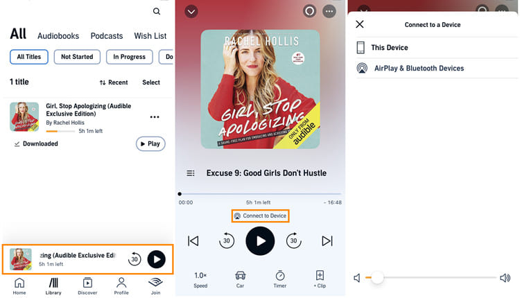 connect to device in Audible app