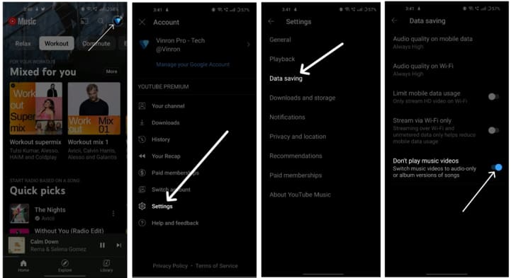 disable music video playback youtube music