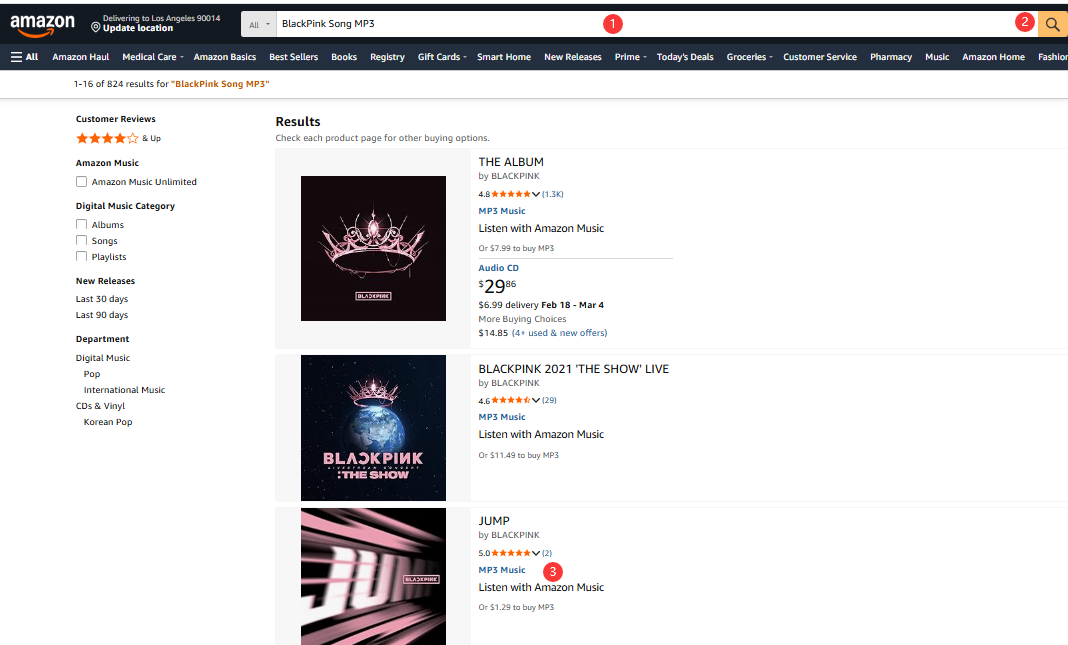 search BlackPink song on Amazon