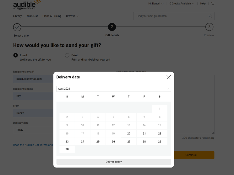 Audible gift delivery date
