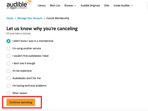 Continue canceling Audible