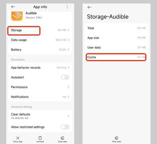 clear Audible app cache on Android