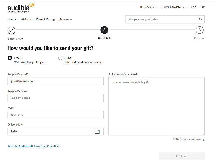 send Audible as gift via email