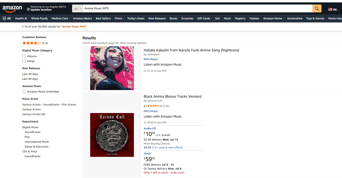 search for anime music on amazon