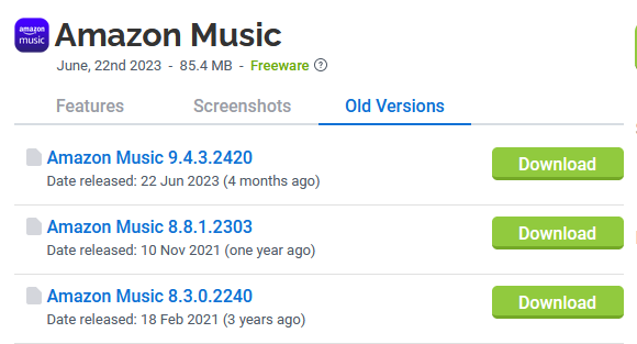 get old version of Amazon Music app