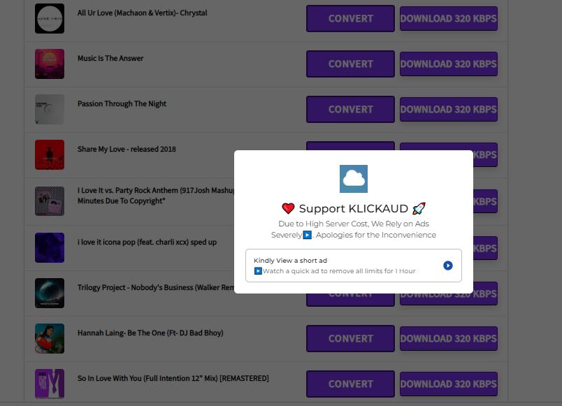 ads on KlickAud SoundCloud Downloader
